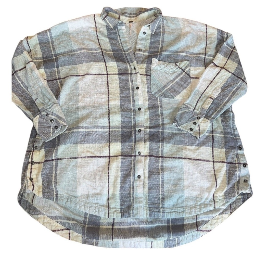 Free People Plaid Button Down Shirt Oversized‎ Blue Grey Womens Size L